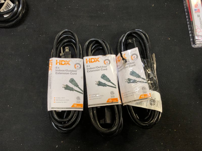 Photo 1 of 8 ft. 16/3 Indoor/Outdoor Workshop Extension Cord, Black 3 Pack