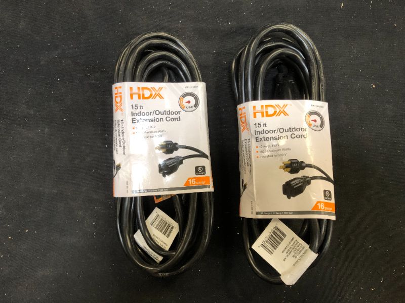 Photo 1 of 15 ft. 16/3 Indoor/Outdoor Extension Cord, Black 2 Pack