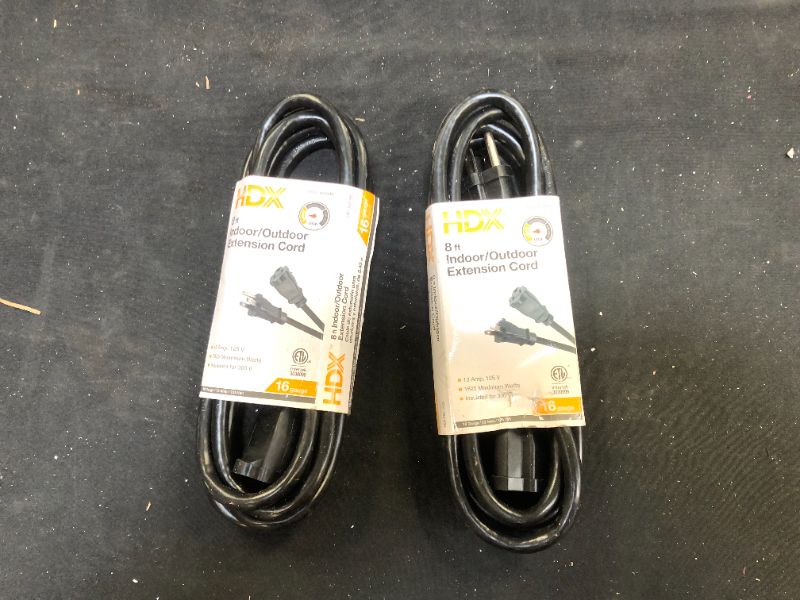 Photo 1 of 8 ft. 16/3 Indoor/Outdoor Workshop Extension Cord, Black 2 Pack