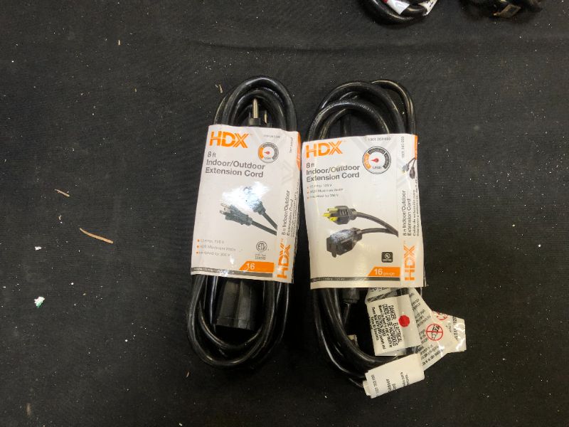 Photo 1 of 8 ft. 16/3 Indoor/Outdoor Workshop Extension Cord, Black 2 Pack