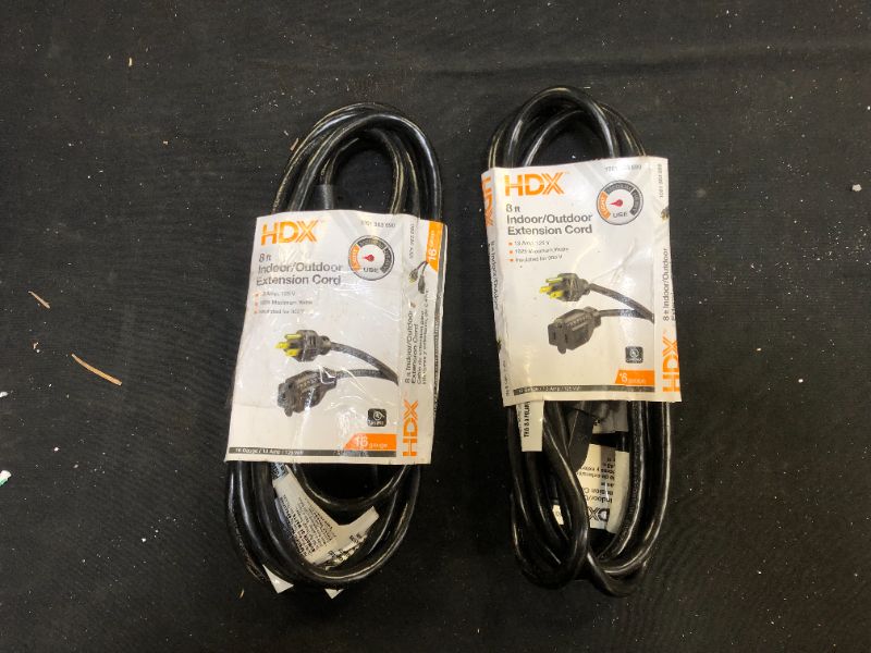 Photo 1 of 8 ft. 16/3 Indoor/Outdoor Workshop Extension Cord, Black 2 Pack