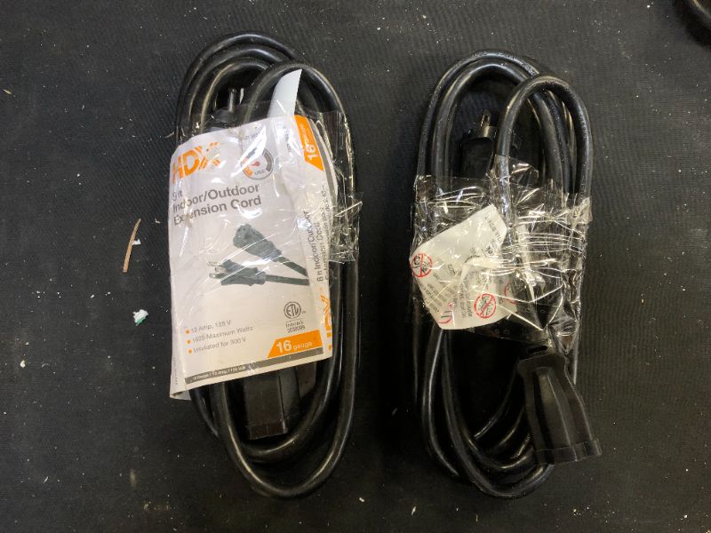 Photo 1 of 8 ft. 16/3 Indoor/Outdoor Workshop Extension Cord, Black 2 Pack