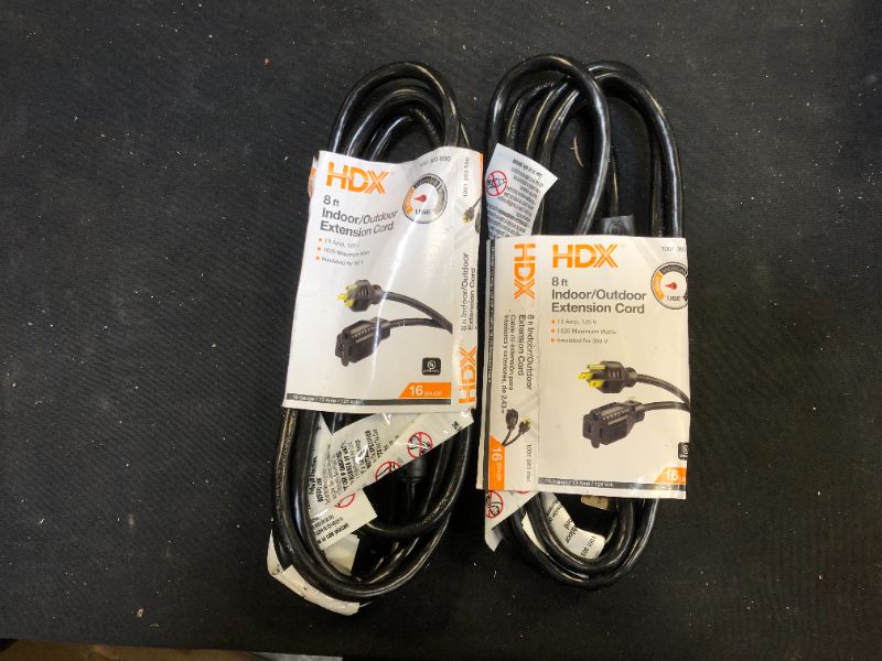 Photo 1 of 8 ft. 16/3 Indoor/Outdoor Workshop Extension Cord, Black 2 Pack