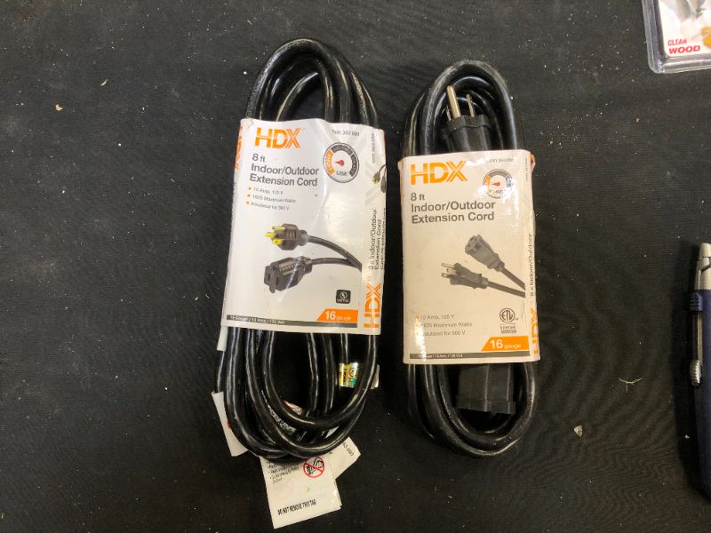 Photo 1 of 8 ft. 16/3 Indoor/Outdoor Workshop Extension Cord, Black 2 Pack