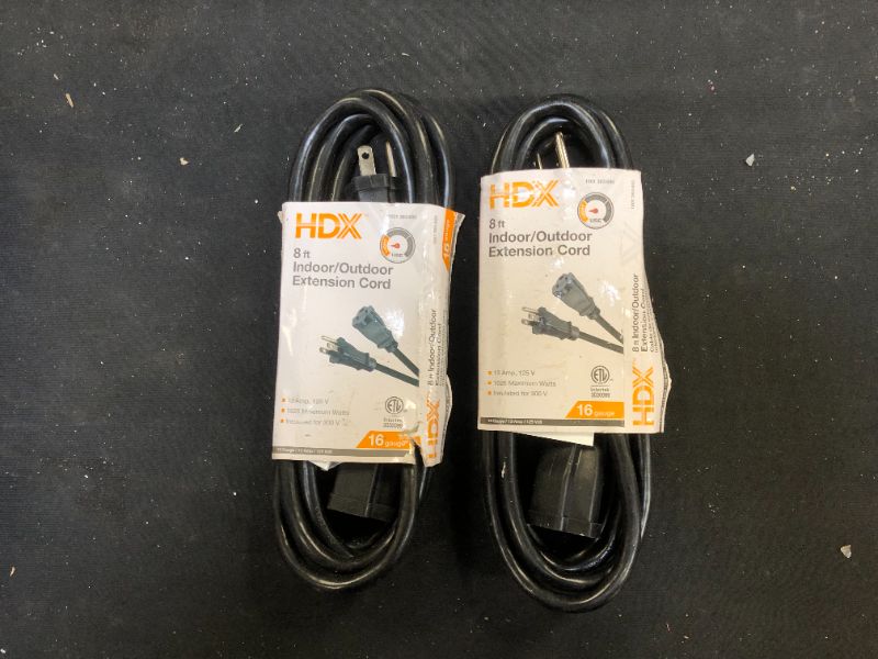 Photo 1 of 8 ft. 16/3 Indoor/Outdoor Workshop Extension Cord, Black 2 Pack