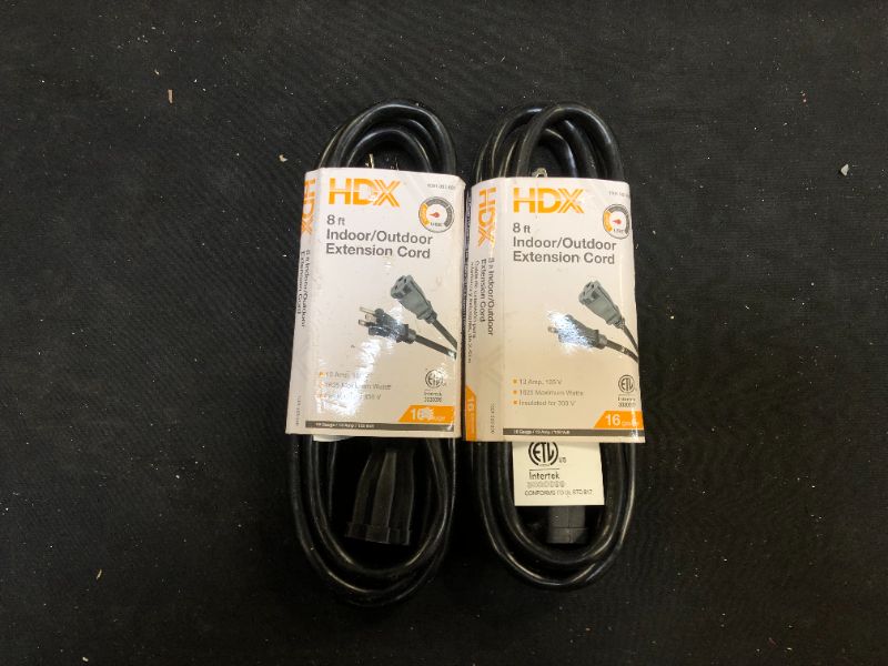 Photo 1 of 8 ft. 16/3 Indoor/Outdoor Workshop Extension Cord, Black 2 Pack