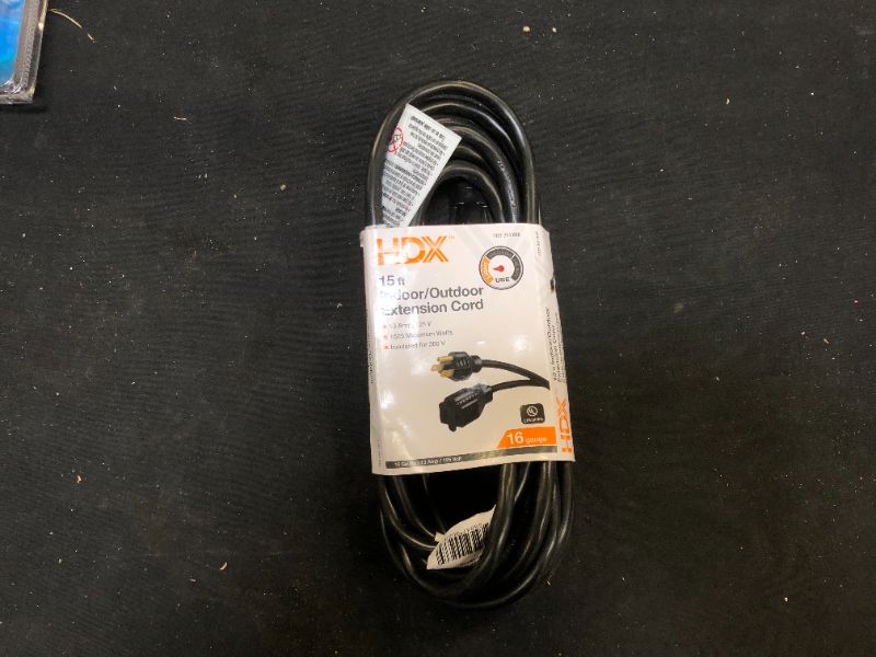 Photo 1 of 15 ft. 16/3 Indoor/Outdoor Extension Cord, Black
