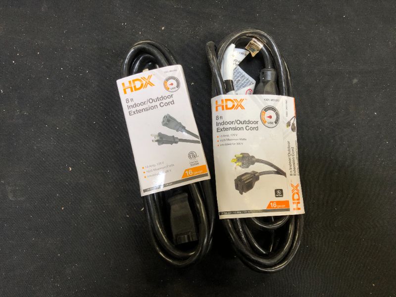 Photo 1 of 8 ft. 16/3 Indoor/Outdoor Workshop Extension Cord, Black 2 Pack