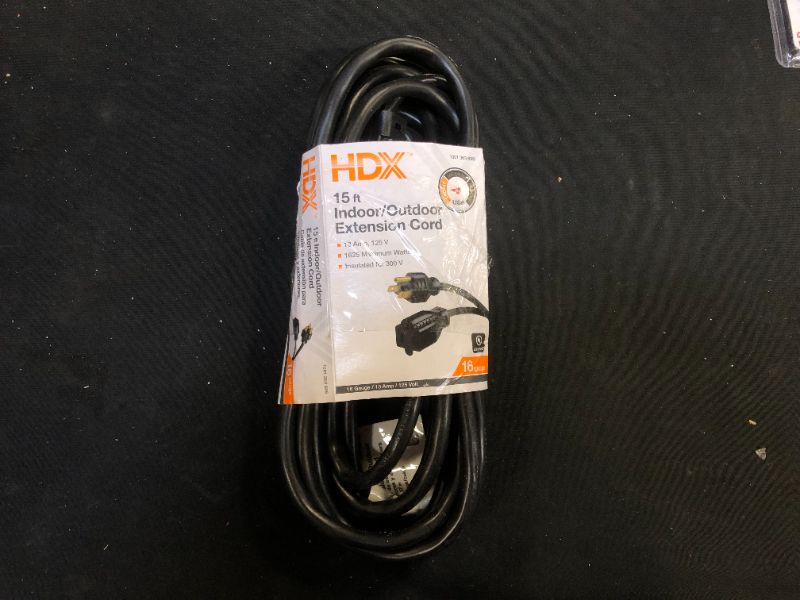 Photo 1 of 15 ft. 16/3 Indoor/Outdoor Extension Cord, Black
