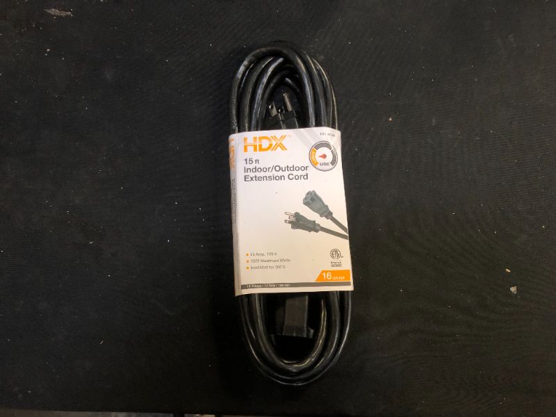 Photo 1 of 15 ft. 16/3 Indoor/Outdoor Extension Cord, Black
