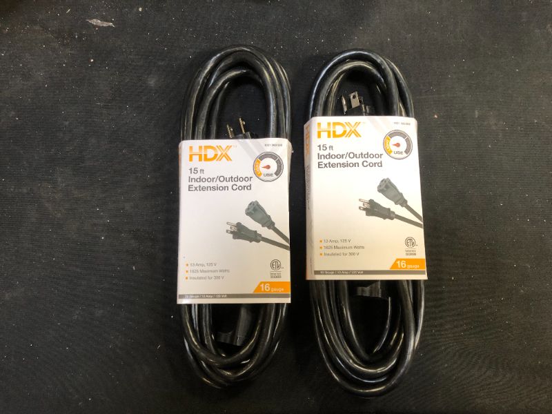 Photo 1 of 15 ft. 16/3 Indoor/Outdoor Extension Cord, Black 2 Pack
