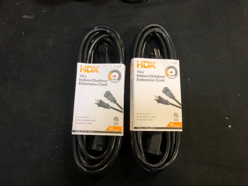 Photo 1 of 15 ft. 16/3 Indoor/Outdoor Extension Cord, Black 2 Pack