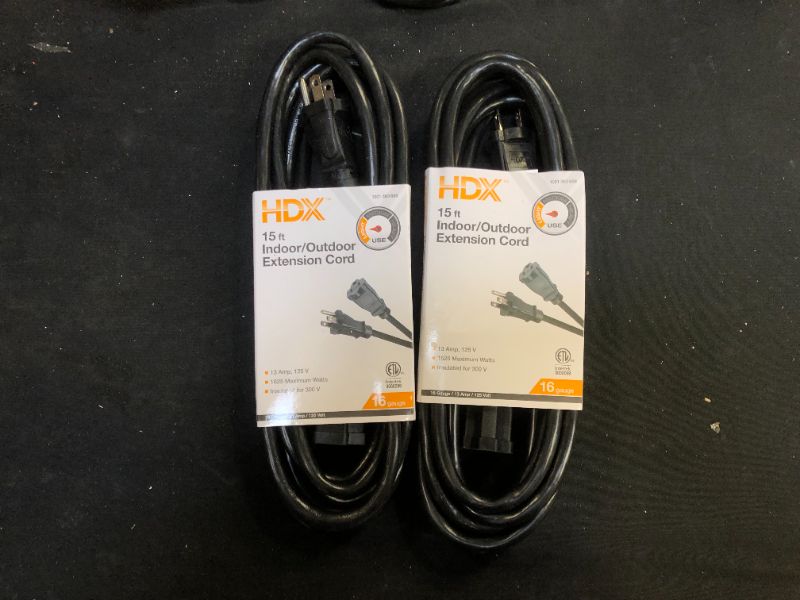 Photo 1 of 15 ft. 16/3 Indoor/Outdoor Extension Cord, Black 2 Pack