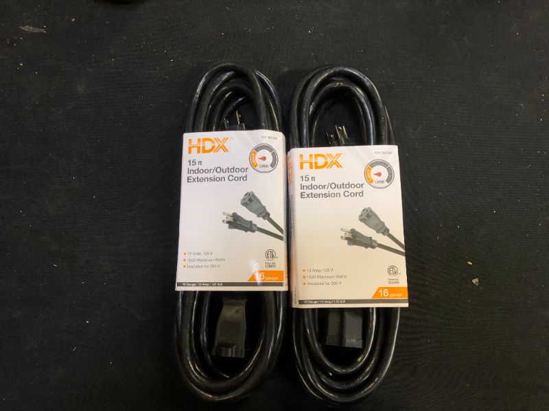 Photo 1 of 15 ft. 16/3 Indoor/Outdoor Extension Cord, Black 2 Pack