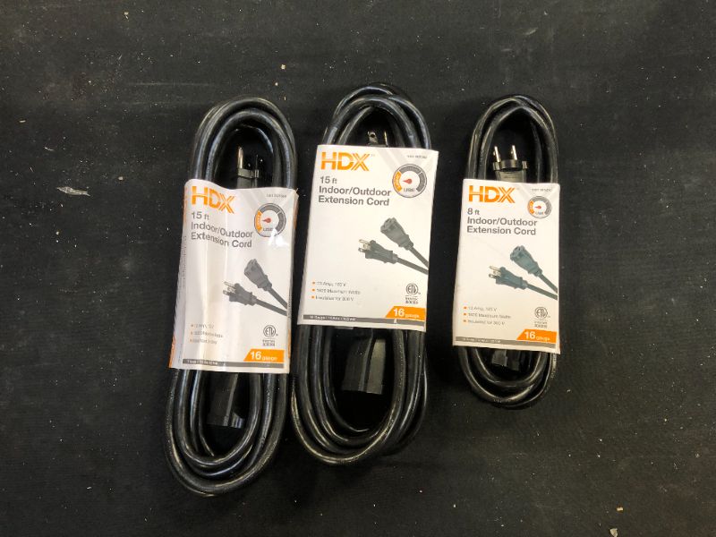 Photo 1 of 15 ft. 16/3 Indoor/Outdoor Extension Cord, Black (x2), 8 ft. 16/3 Indoor/Outdoor Workshop Extension Cord, Black (x1)