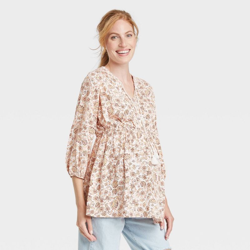 Photo 1 of 3/4 Sleeve Peasant Woven Aternity Blouse - Isabel Aternity by Ingrid & Isabel™ Light Floral Size: M