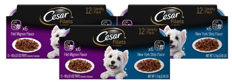 Photo 1 of (12 Pack) CESAR Wet Dog Food Filets in Gravy Filet Mignon & New York Strip Flavors Variety Pack 3.5 Oz. Easy Peel Trays
EXP 03/2023