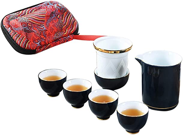 Photo 1 of 100% Handmade Ceramic Tea Cup Portable Chinese Kungfu Tea Pot Set Artwork for Travel Gift with Filter (Blue)
