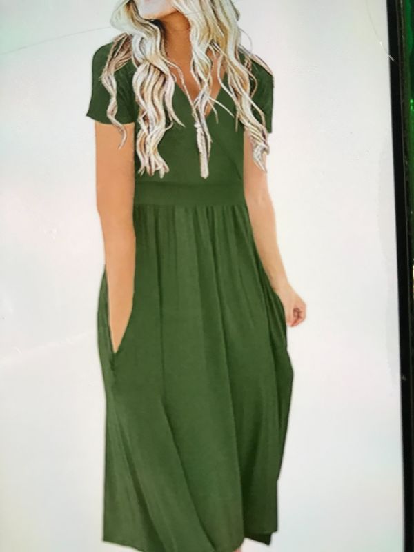 Photo 1 of DB MOON WOMENS DEEP V - NECK SHORT SLEEVE CASUAL WRAP DRESS WITH POCKETS ARMY GREEN
SIZE SMALL