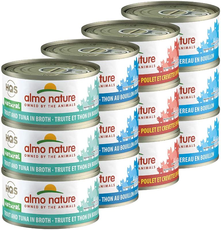 Photo 1 of almo nature HQS Natural Variety Pack Grain Free, Additive Free Recipes - Atlantic Style Tuna(6); Mackerel (6); Chicken & Shrimps(6); Trout & Tuna (6) Adult Cat Canned Wet Food, Shredded--bb  April 2024