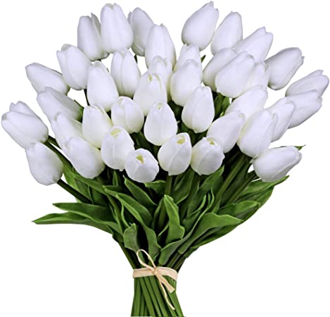 Photo 1 of 30pcs White 14" Artificial Latex Tulips Flowers for Wedding Party Home Decoration (White-30pcs)