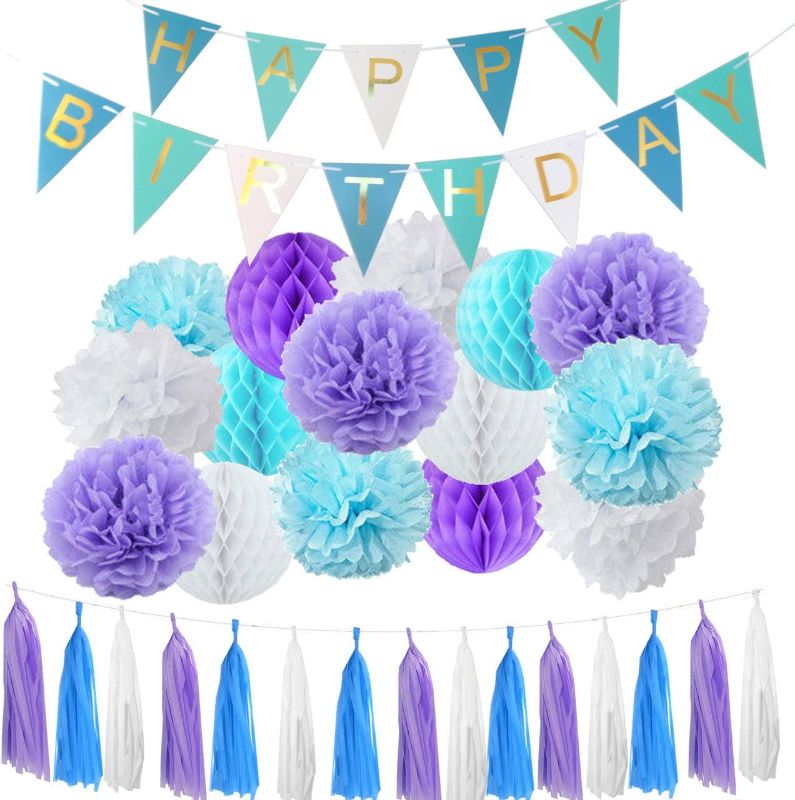 Photo 1 of Domika Happy Birthday Banner Bunting Kit, Paper Pom Poms Flowers Tassels Honeycomb Balls with Hanging Party Decorations Banner flags for Birthday Party
