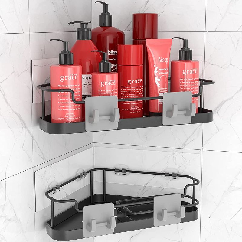 Photo 1 of ODesign Corner Shower Caddy Basket Shelf with 4 hooks No Drilling Wall Mounted Bathroom Storage Rack for Shampoo Dorm and Kitchen - 2 pack
