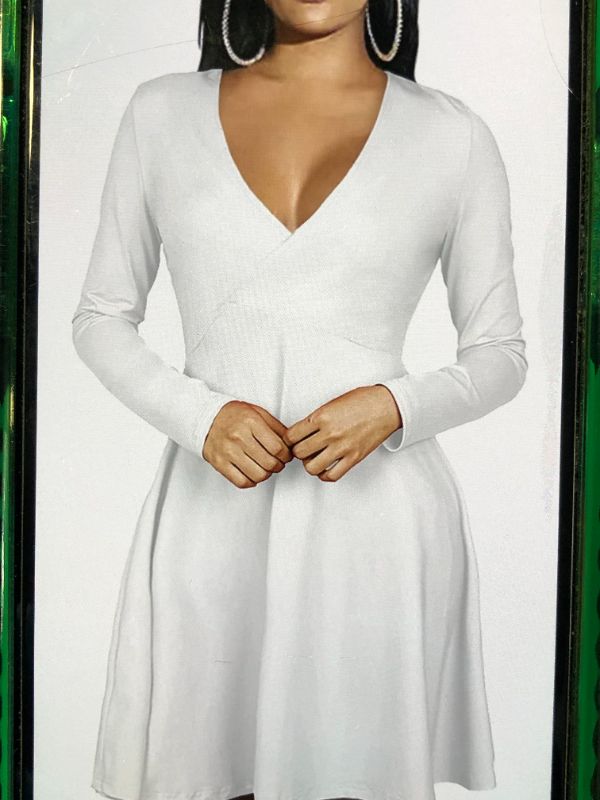 Photo 1 of AOYSKY WOMEN LONG SLEEVE DEEP V NECK DRESS WHITE XL 