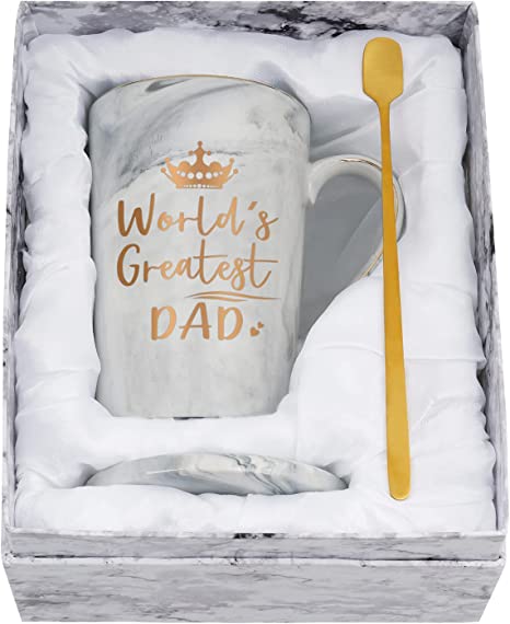 Photo 1 of World Greatest Dad Coffee Mug - Best Dad Mug - Father's Day Gift for Dad from Daughter Son Kids - Funny Marble Dad Cup for Birthday, Christmas, Thanksgiving Day 14 Oz with Box, Coaster, Spoon
