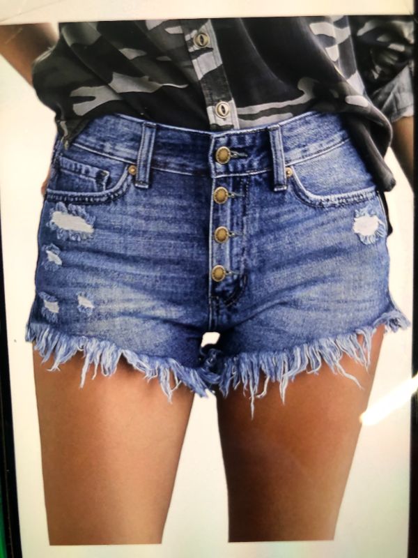 Photo 1 of LUVAMIA WOMENS CASUAL DENMIN SHORTS FRAYE3D RAW HEM RIPPED JEAN SHORTS
SIZE MEDIUM