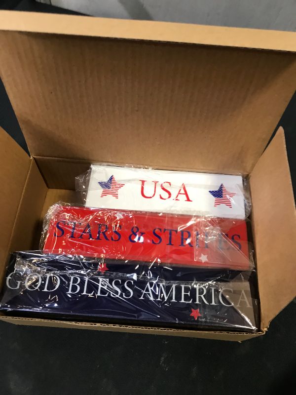 Photo 3 of 4th of July Patriotic Decorations- 3Pcs Wooden Block Signs Table Decor Tiered Tray Decoration- USA, Stars & Stripes, God Bless America Wooden Signs for Patriotic Party Home Farmhouse Tabletop Mantel --- 2 PACK 
