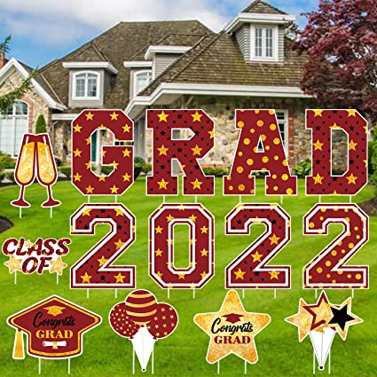 Photo 1 of 14 Pcs Maroon Graduation Party Decorations 2022 Waterproof Graduation Yard Signs Large 16 Inch Congrats Grad Yard Signs Class of 2022 Graduation Yard Sign with Stakes for Graduation Party Decorations Supplies --- 2 pack 
