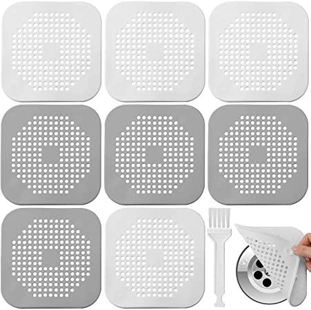 Photo 1 of 8 Pieces Shower Hair Catcher Square Drain Cover with Cleaning Brush for Shower Silicone Hair Stopper with Suction Cup, Easy to Install Suit for Bathroom, Bathtub, Kitchen --- 2 PACK 