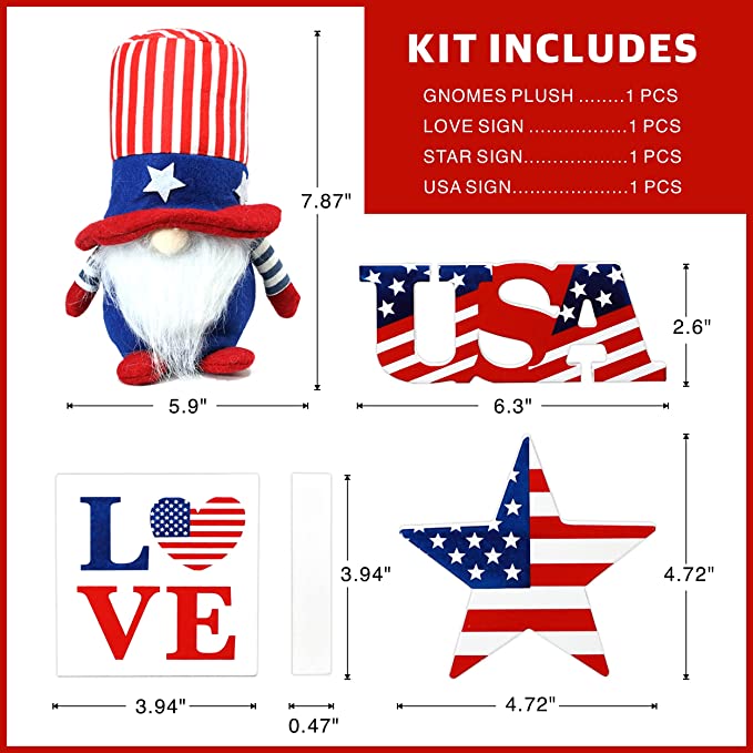 Photo 1 of 4th of July Tiered Tray Decor, Patriotic Decorations for Independence Day, Fourth of July Decorations for Home, Wooden Signs wth Stars and Stripes, Cute Gnomes Plush, Red White Blue, (4 Pcs) 
