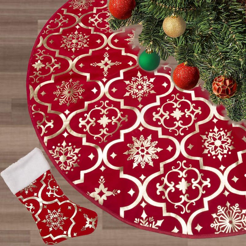 Photo 1 of Christmas Tree Skirt,48 inches Large Xmas Tree Skirts with Snowy Pattern for Christmas Tree Decorations (Red,48 Inch)
