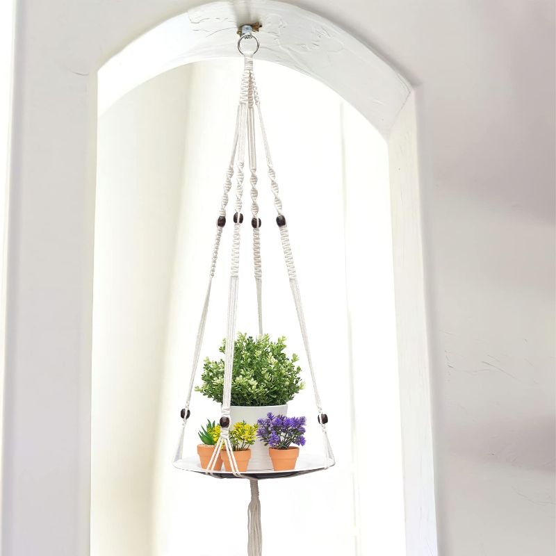 Photo 1 of Zebricolo, Hanging Plant Shelf, 1 Trays + 1 Ropes, Hanging Shelf for Plants, Handmade, Macrame Hanging Shelf, Natural Organic Cotton Rope, Plant Hanger Indoor, White, (49 in ) PLATE AND ROPE ONLY, PLANTS NOT INCLUDED.