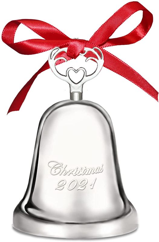 Photo 1 of 2021 Annual Christmas Bell,Silver Bell Ornament for Christmas Decorations, Bell Ornament for Christmas Anniversary, Red Ribbon & Gift Box