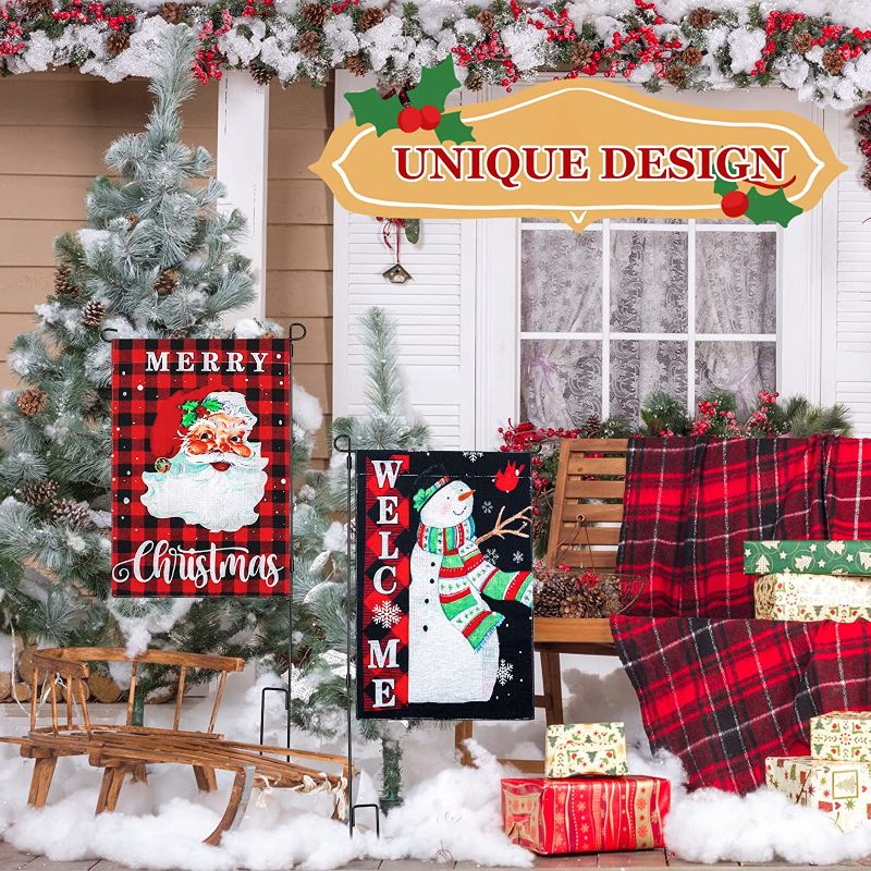 Photo 1 of 4 Pieces Christmas Garden Flags 12 x 18 Inch Double Sided Buffalo Plaid Christmas Flags Winter Christmas Yard Flags Rustic Snowman Garden Flag Snowman with Red Scarf Indoor Outdoor Holiday Flags