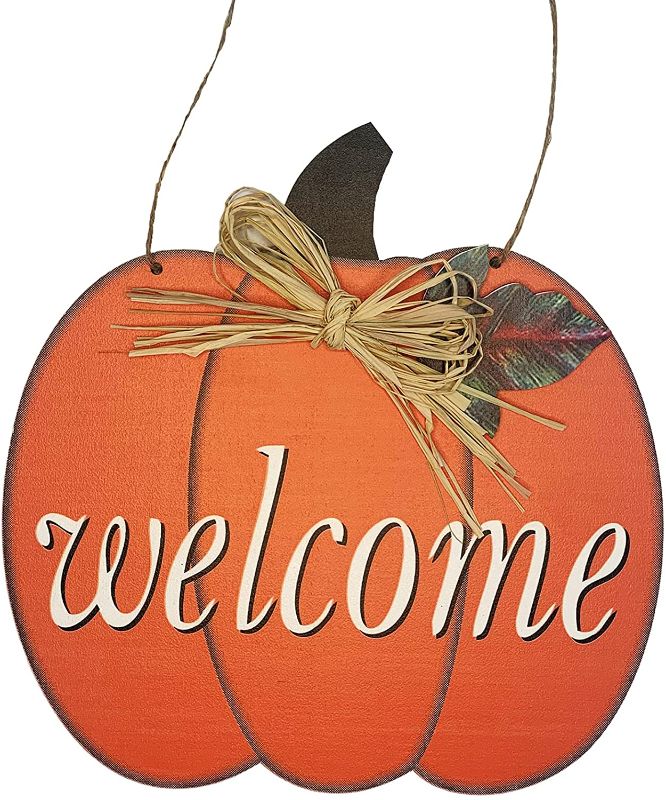 Photo 1 of  2 PACK DSHE Pumpkin Welcome Sign for Front Door Wooden Welcome Hanging Thanksgiving Decorations Sign for Home Welcome Door Hanger for Autumn Harvest Fall Decor