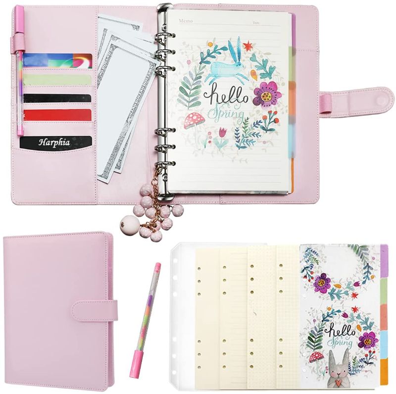 Photo 1 of A5 6-Ring Binder Personal Organizer Magnetic Closure with Refills x80 Sheets, Zip Pouch Bag x1, Rainbow Pen x1, Divider Tabs x5, Today Ruler x1, Pendant Deco x1 -Harphia (Pink, A5 9.06 x 7.28'')