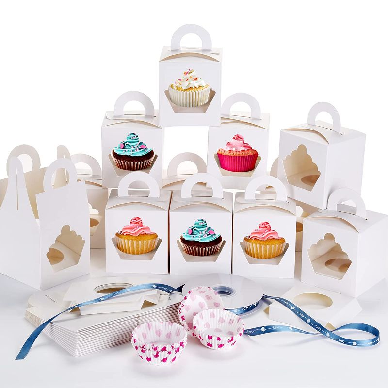 Photo 1 of 25 Pcs White Cupcake Boxes for Bakery, Pastry and Treat, Cookies Boxes with Window, Packaging Containers for Candy Pie Chocolate Strawberries and Gifts
