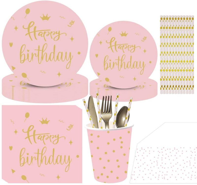 Photo 1 of 161PCS Pink Birthday Party Supplies Disposable Tableware, Serving 20 People, Including Paper Plates, Straws, Napkins, Cups, Tableware, Suitable for Girls Birthday Party Decorations
