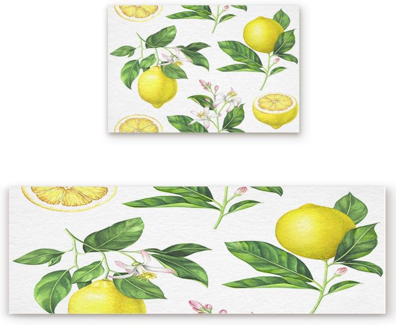 Photo 1 of Anti Fatigue Kitchen Rug Comfort Floor Non Slip Kitchen Mats and Rugs for Floor Home, Office, Sink, Laundry - Lemon with Flowers and Leaves Watercolor Summer (15.7"x23.6"+15.7"x47.2" inches)
