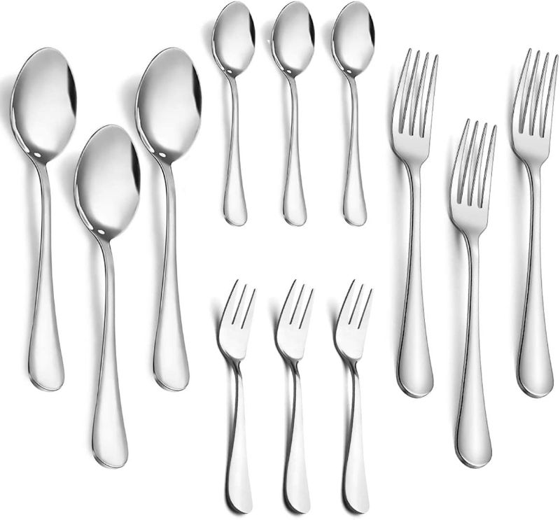 Photo 1 of 12-Piece Set Silver Plated Stainless Steel Dinner Forks ?6 Pcs Spoons and 6 Pcs Forks(2 size) and 3 Cutlery Storage Box ,Mirror Finish & Dishwasher Safe
