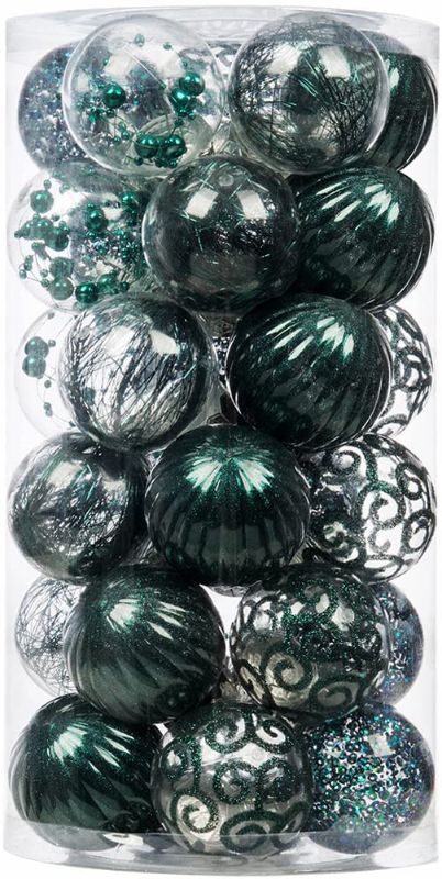 Photo 1 of XmasExp 30ct Christmas Ball Ornaments Set -Mini Clear Plastic Shatterproof Xmas Tree Ball Hanging Baubles Stuffed Delicate Glittering for Holiday Wedding Xmas Party Decoration (50mm/1.97",Dark Green)

