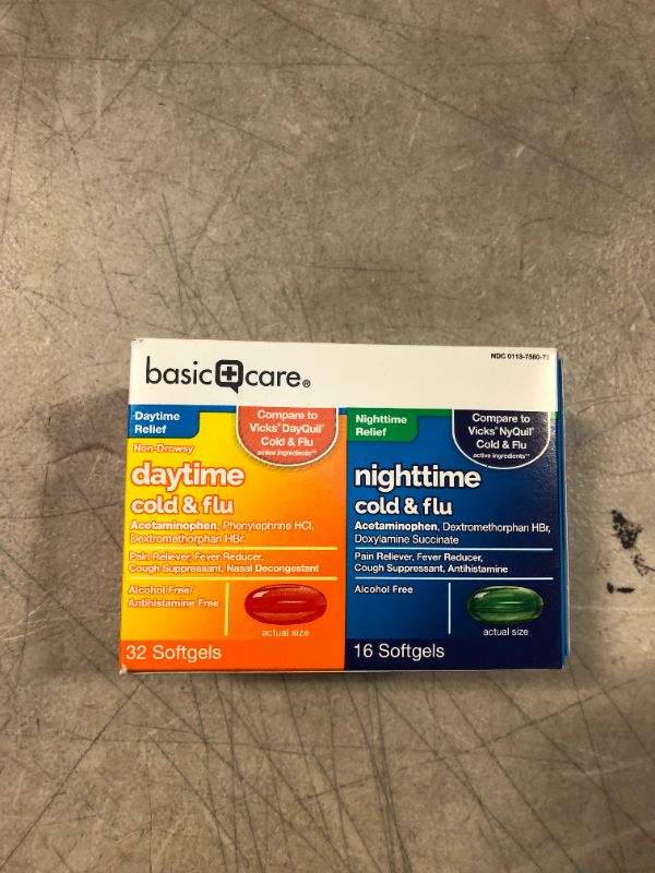 Photo 2 of Amazon Basic Care Cold Flu Relief Multi-Symptom Daytime Night time Combo Pack Softgels; Cold Medicine exp - 10/2021