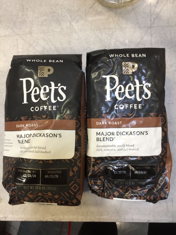 Photo 2 of 2 PACK Peets Coffee Coffee, Whole Bean, Dark Roast, Major Dickason’s Blend - 10.5 oz
EXP 12/22/21