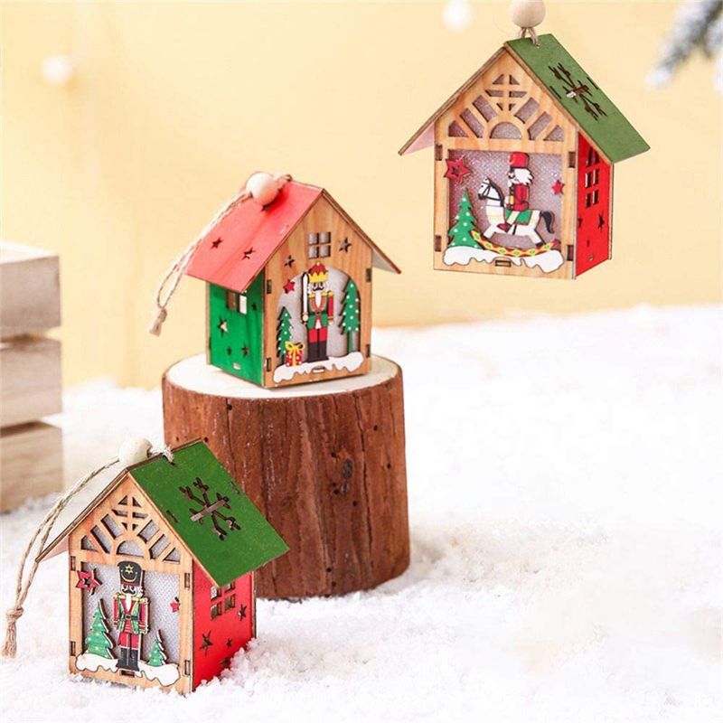 Photo 1 of 4 PACK - 3 Pieces of Nutcracker Ornaments Luminous Wooden House Shape DIY Assembly Christmas Tree Pendant Block Holiday Wall Door and Window Decoration (Christmas Glow Decoration)