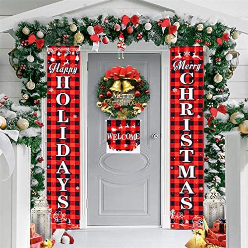 Photo 1 of 2 PACK - Dlala 3 Pieces Christmas Plaid Porch Sign Merry Christmas Banner Happy Holidays Banner Welcome Banner Front Door Hanging Sign for Christmas Home Wall Indoor Outdoor Decoration