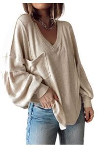 Photo 1 of BTFBM Women's Casual V Neck Ribbed Knitted Shirts Pullover Tunic Tops Loose Balloon Sleeve Solid Color Blouses Top SIZE SMALL